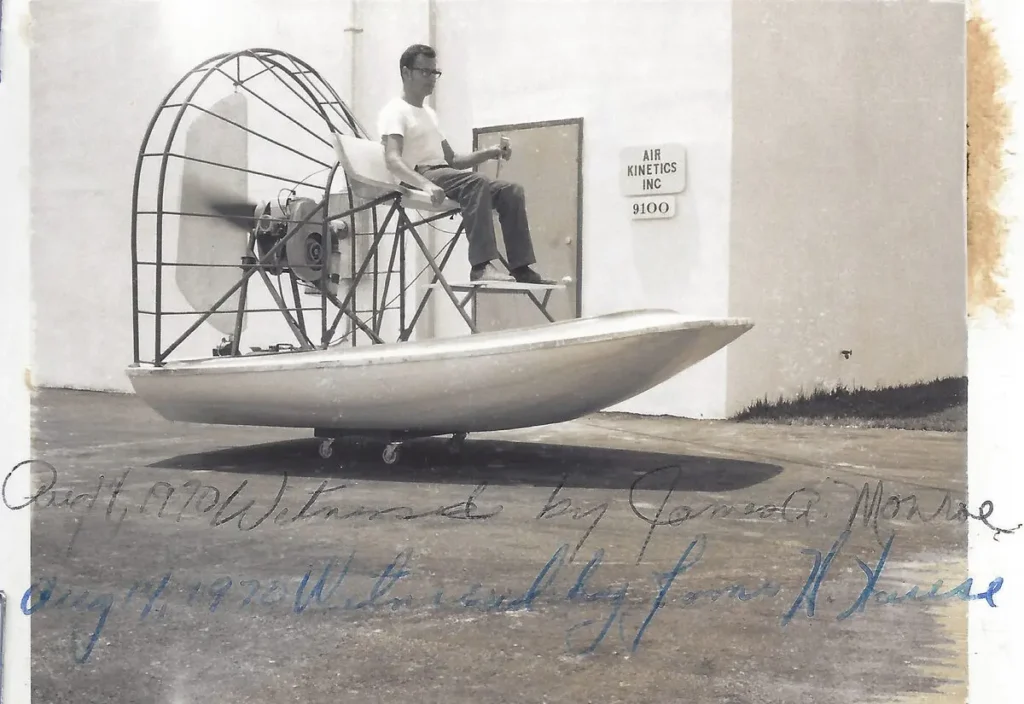 Black and white photo of an Air Kinetics airboat built by Barry Palmer in Florida