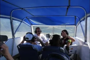 Passengers inside the cabin of an Allen Marine Explorer 22