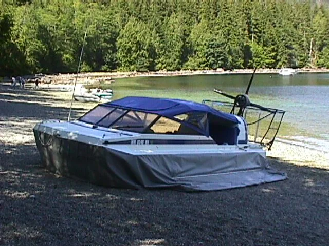 The Explorer 20 hovercraft pulled up on the beach at Forward Harbor, British Columbia, 1998
