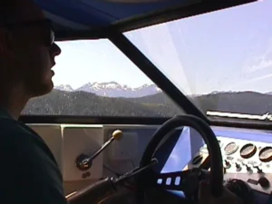 Bryan Phillips at the helm of the Explorer 20 hovercraft, 1998