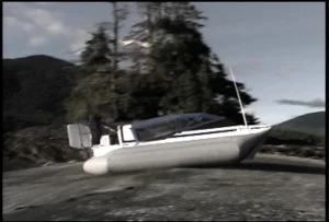 The Explorer 20 hovercraft catching air off a sandbar in southeast Alaska, 1998
