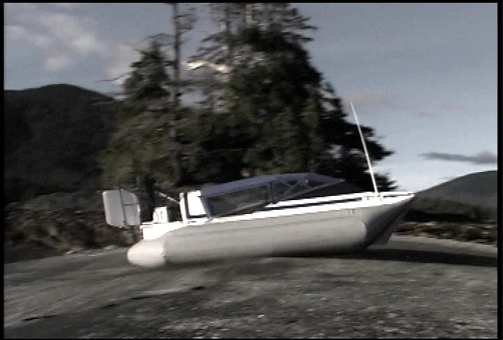 The Explorer 20 hovercraft catching air off a sandbar in southeast Alaska, 1998