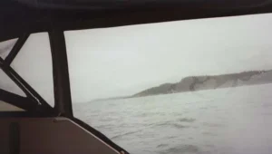 View from the Explorer 20 cabin rounding Cape Caution, 1998