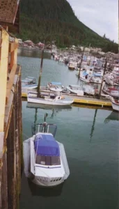 The Explorer 20 hovercraft tied up at the main pier in Wrangell, Alaska, 1998