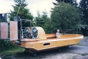The Explorer 20 prototype under construction with its fans and rudders mounted, 1995