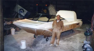 The Explorer 20 prototype hull in the shop after sanding the gelcoat, 1995