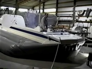 The finished Explorer 20 prototype hovercraft in the shop with its skirt inflated, 1998