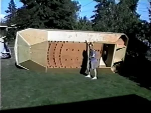 The Explorer 20 prototype hull turned on its side to work on the bottom, 1995