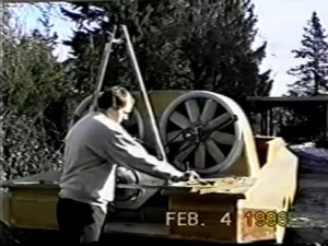 Bryan Phillips working beside the twin lift fans newly installed in the Explorer 20 prototype, February 1996