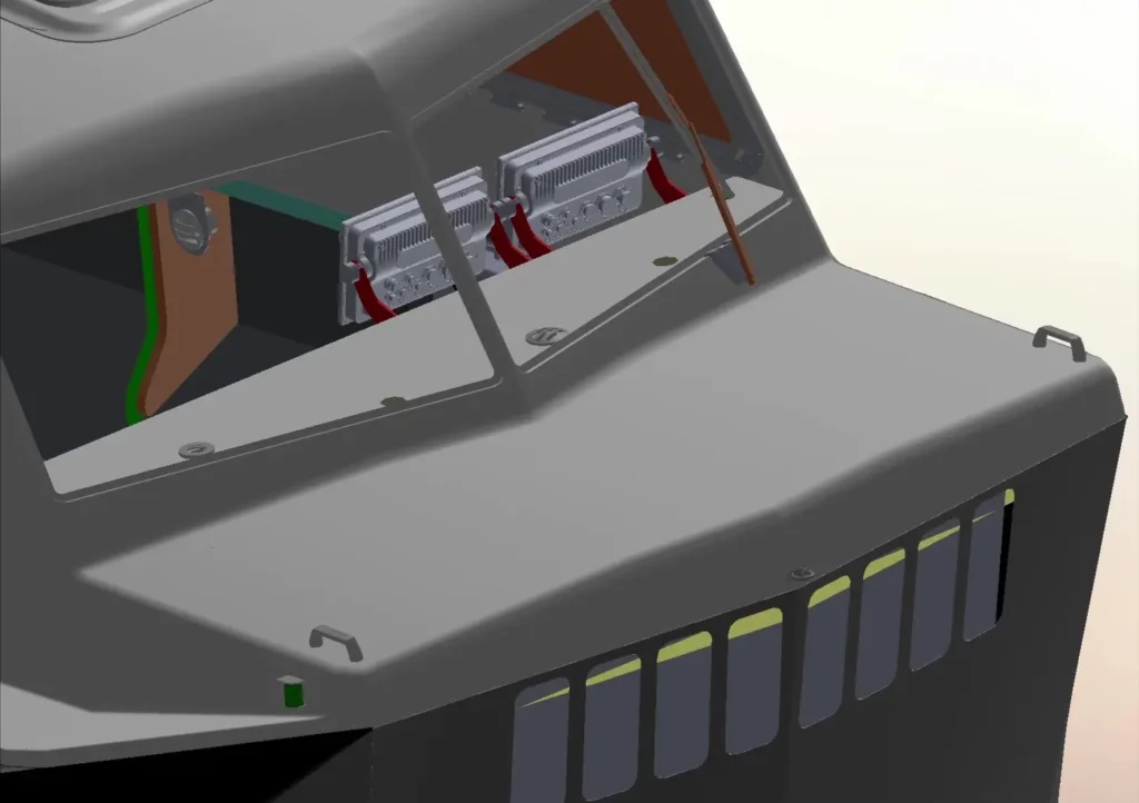 CAD render of the Explorer 24 bow showing the row of brake vents