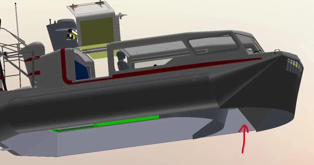 CAD side view of an Explorer 24 with a red arrow pointing to the brake vents under the bow