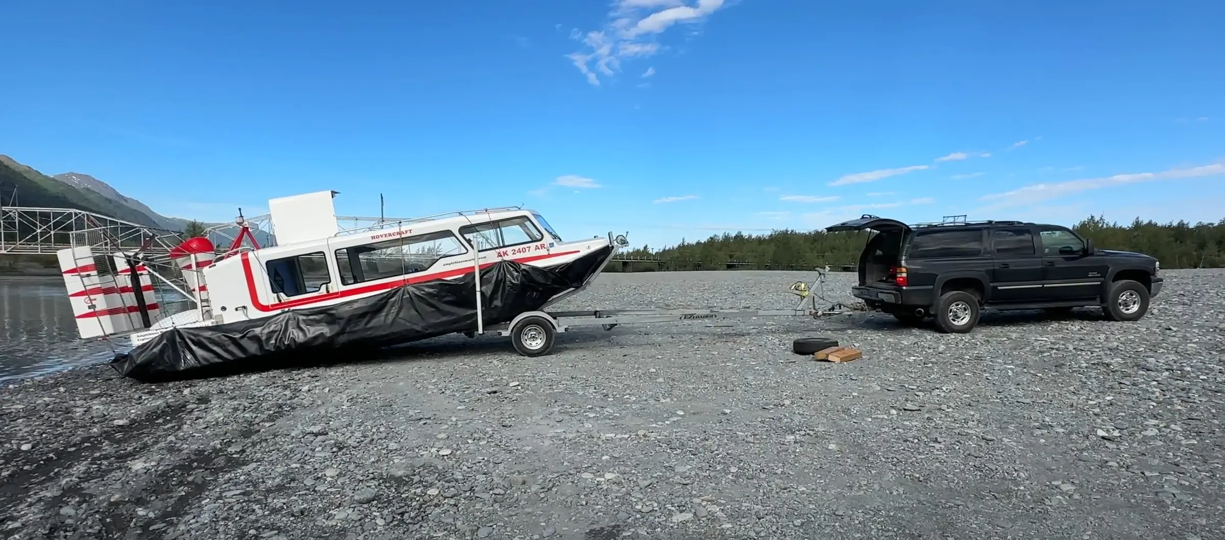 Explorer 24 hovercraft on its ground deployment trailer on an Alaska gravel bar
