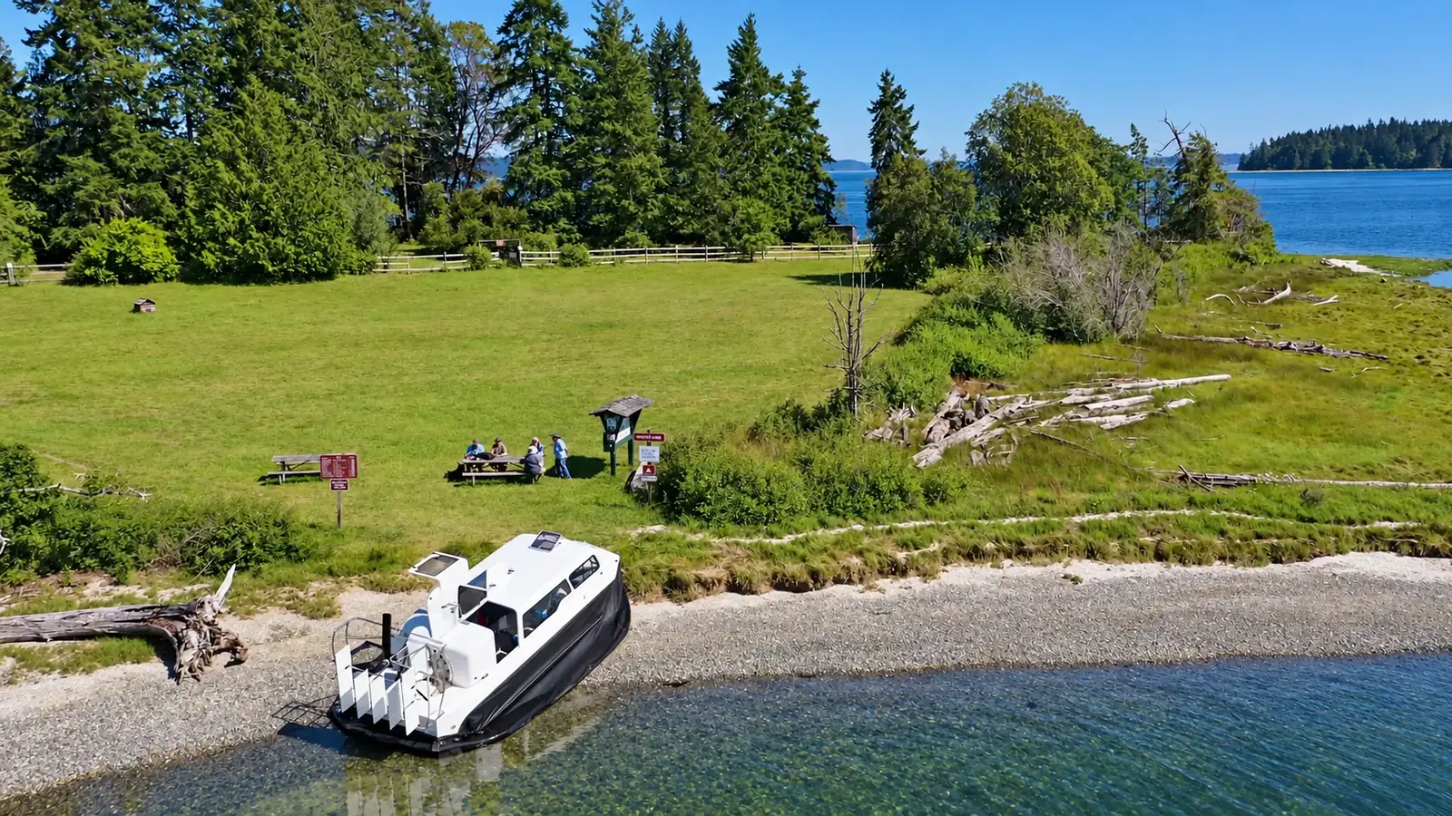 Explorer 24 hovercraft landed on a beach below a picnic area
