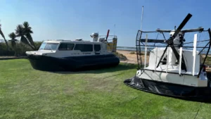 Two Explorer 24 hovercraft parked on grass in South Texas