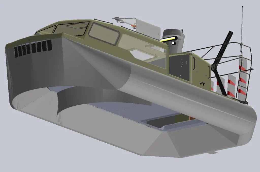 CAD drawing of an Explorer 24 from below, showing the bow brake ports, forward skirt compartment and side bag skirt