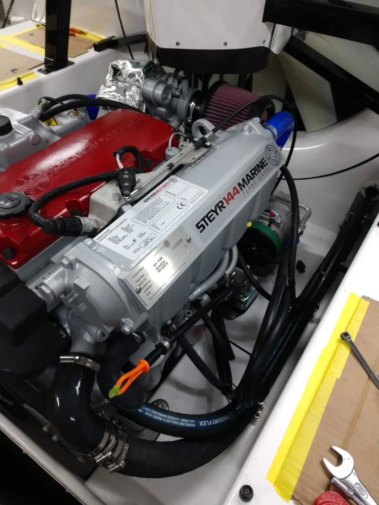 A Steyr marine turbo diesel fitted in an Explorer 24 engine bay
