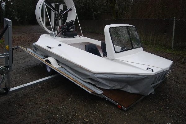 Hovercraft on the fly on/off tilt trailer, ready to launch