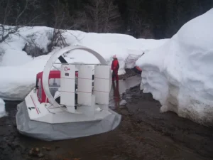 Kit built hovercraft with a ducted fan parked in the snow
