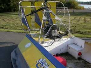 The Magic Carpet hovercraft, a Surveyor 15, parked on pavement