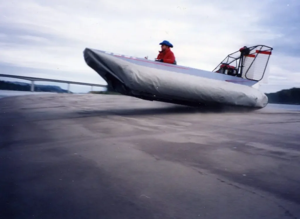 The first Vanguard 14 hovercraft jumping a sand bar on the Columbia River